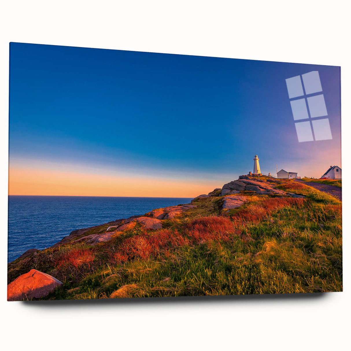 Acrylic glass print of a Newfoundland scenery in muted green and blue, ideal for bedroom or dining room art.