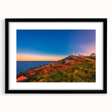 Abstract art print of colorful, textured scenery in Newfoundland, displayed in a large black frame with mat.