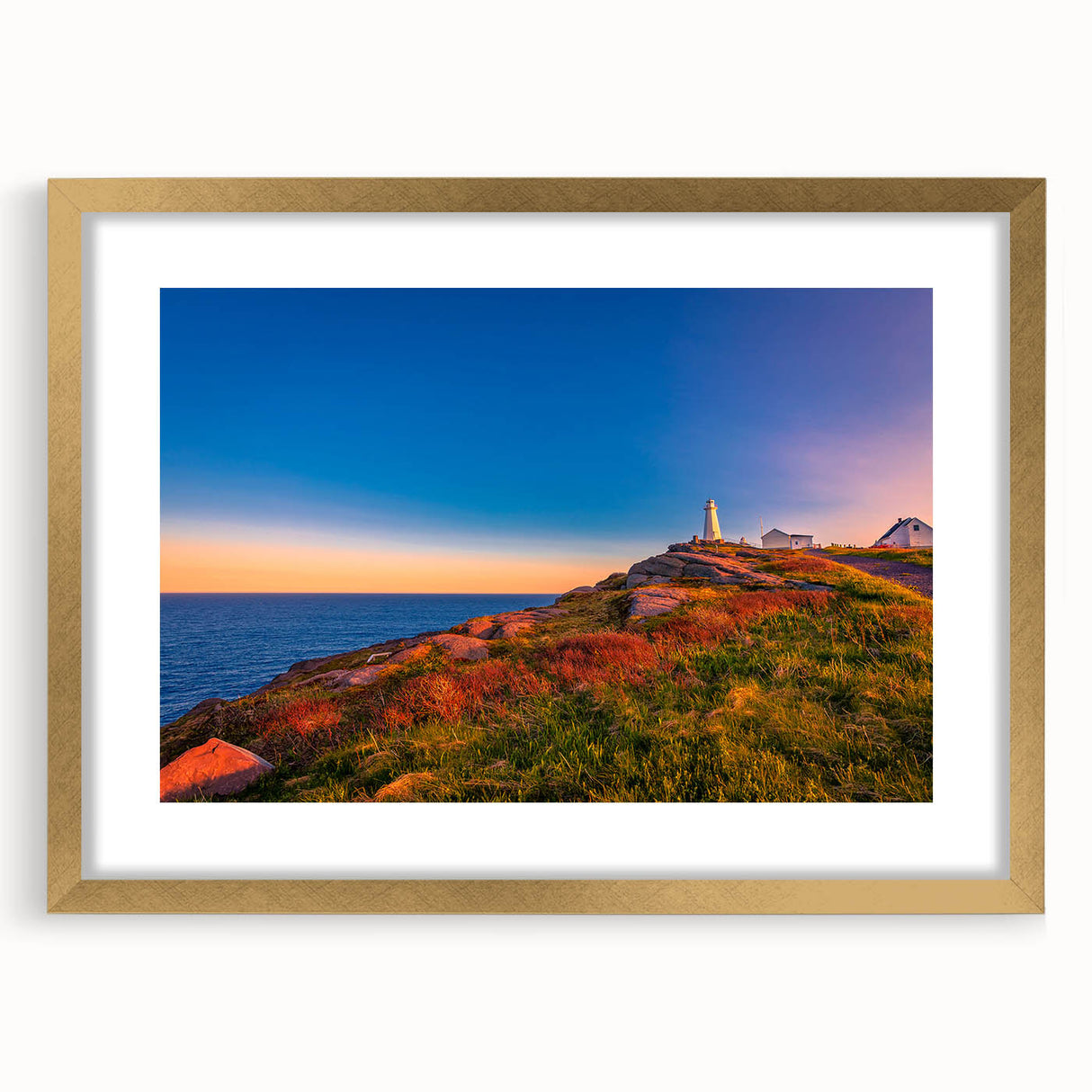 Extra large wall art depicting abstract scenery of Newfoundland in textured gold frame, ideal for living room decor.
