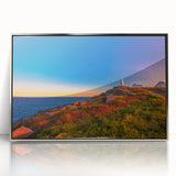 Mid-century modernist art depicting a Newfoundland scenery in muted earth tones on a silver-framed acrylic print.