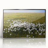 Mid-century modernist art depicting the Northwest Territories landscape in muted earth tones on a framed acrylic print.