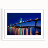 Abstract art print of Nova Scotia scenery in muted blues and greens on a framed white mat, ideal for dining room decor.