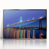 Framed acrylic painting of Nova Scotia scenery in mid-century modernist style, featuring muted earth tones.