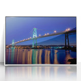 Acrylic framed print of Nova Scotia scenery in art deco style, with muted blue and green tones.