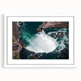 Abstract art print of Ontario scenery in muted green and blue tones, framed with white mat, suitable for dining room decor.