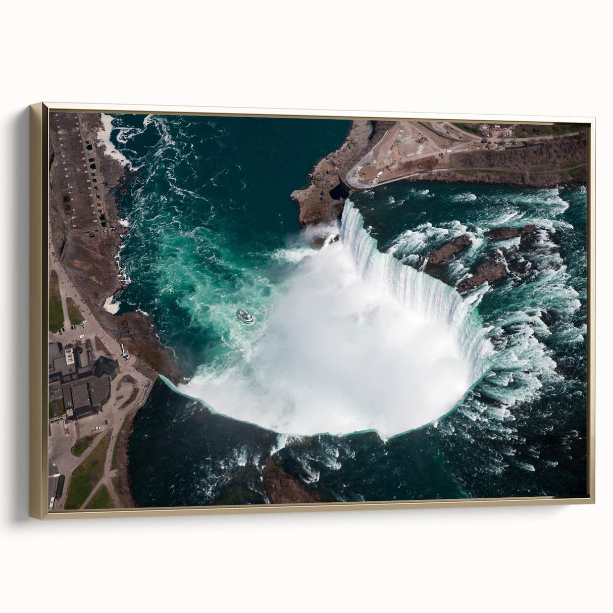 Framed canvas depicting a vintage-style landscape of Ontario, Canada in muted gold and black tones.