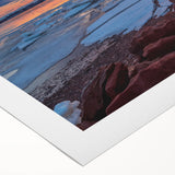 Art deco poster of Prince Edward Island scenery in muted blue and green tones on rolled canvas.