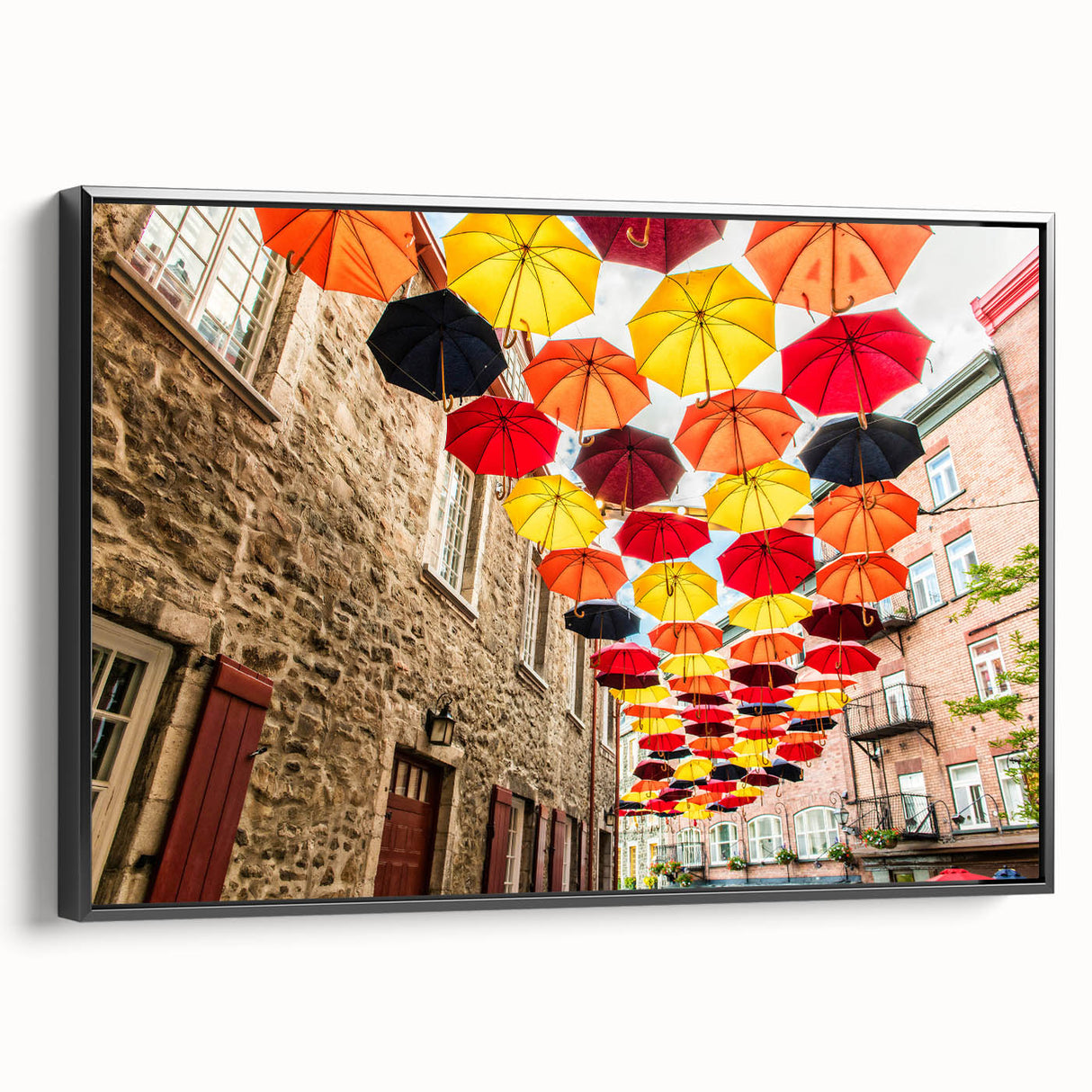 Black and white framed canvas of a vintage-style Quebec landscape, ideal for bedroom decor.
