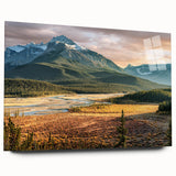 Large abstract wall art depicting a serene Saskatchewan landscape in muted greens and blues on acrylic glass.