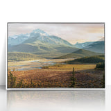 Acrylic print of a Saskatchewan scenery with soft pastel shades, framed in white, suitable for modern nursery decor.