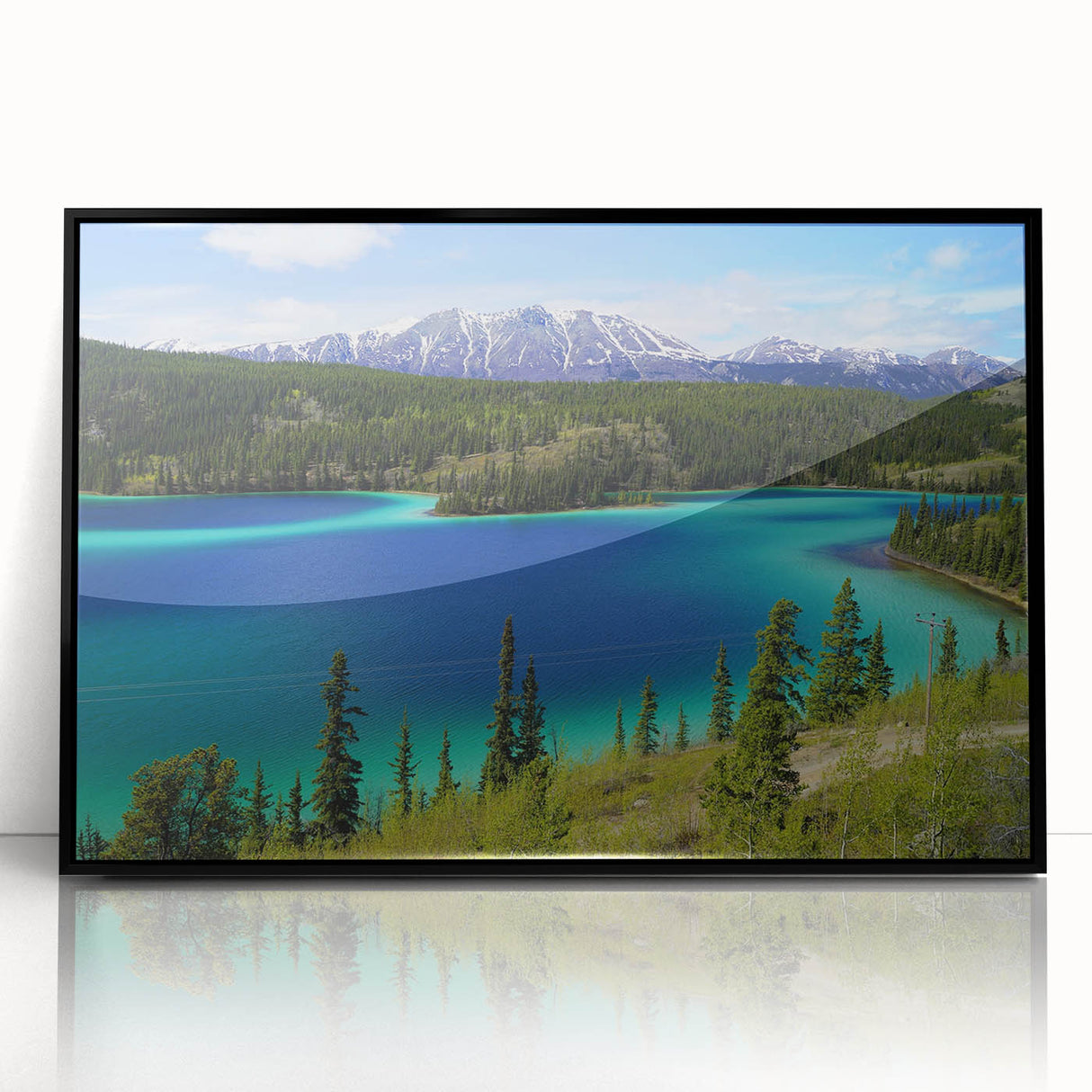 Large abstract wall art featuring a stylized Yukon scenery in muted earth tones, framed in black acrylic.
