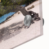 Large abstract wall art of Caribbean Aruba scenery in vibrant blue and green hues, acrylic print.