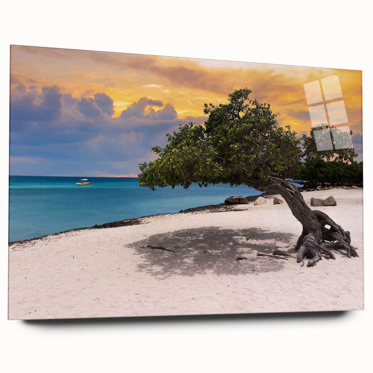 Large abstract wall art depicting the Caribbean scenery in vibrant blue and green tones, printed on acrylic glass.