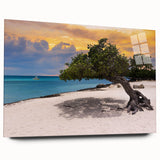 Large abstract wall art depicting the Caribbean scenery in vibrant blue and green tones, printed on acrylic glass.
