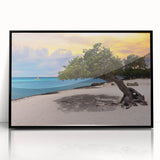 Large abstract wall art depicting a Caribbean scenery in vibrant blue and green tones on a framed acrylic panel.