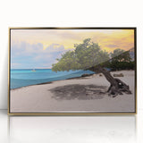 Art deco poster of a Caribbean scenery in Aruba, with vibrant blue and green tones on a framed acrylic.