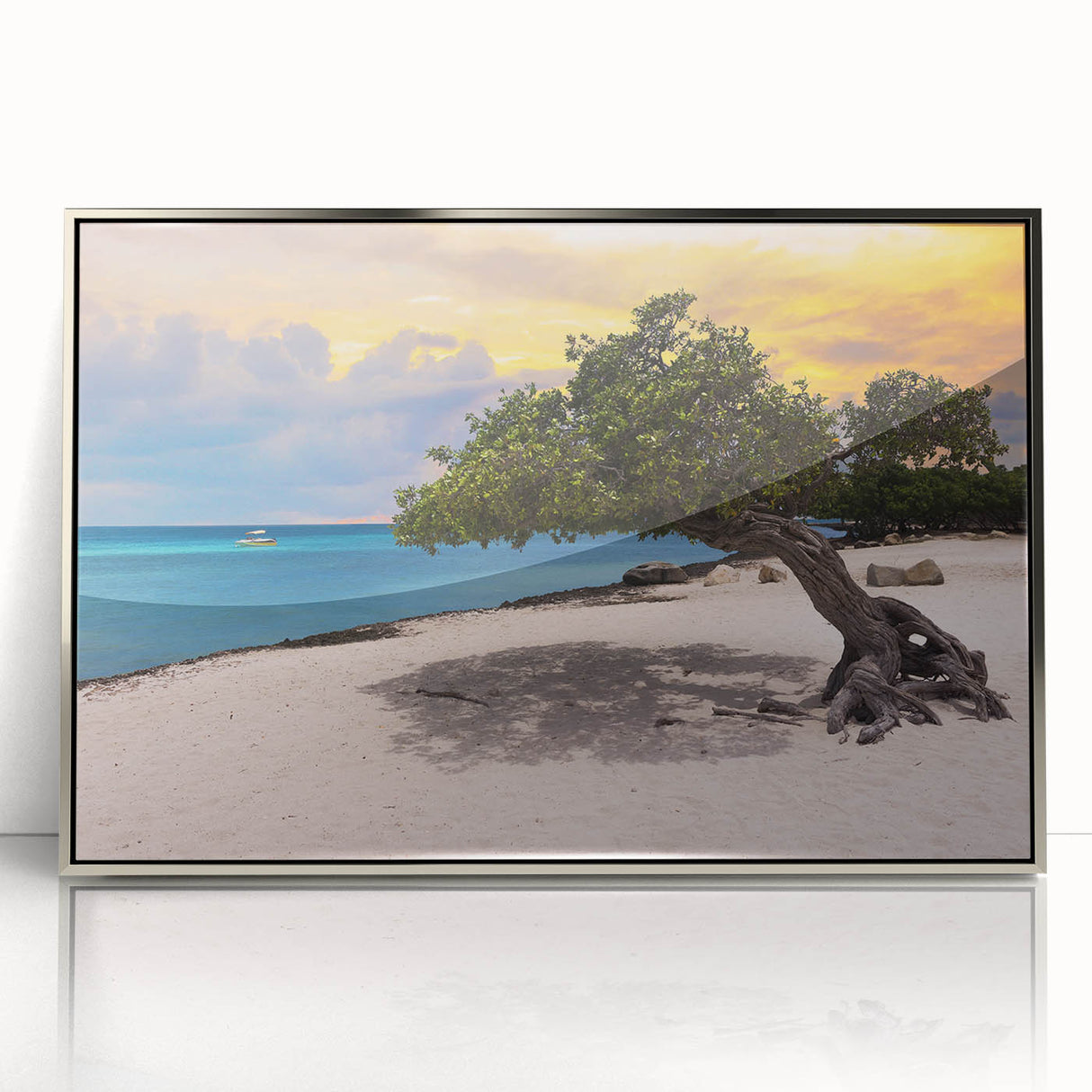 Large art print of a Caribbean Aruba scenery in a silver-framed acrylic, featuring mid-century modernist style.