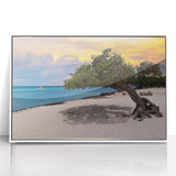 Mid-century modernist art depicting a Caribbean Aruba scenery in vibrant colors on a white framed acrylic.