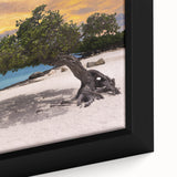 Close-up of a textured Caribbean scenery on an extra-large framed canvas with vibrant blue and green tones.