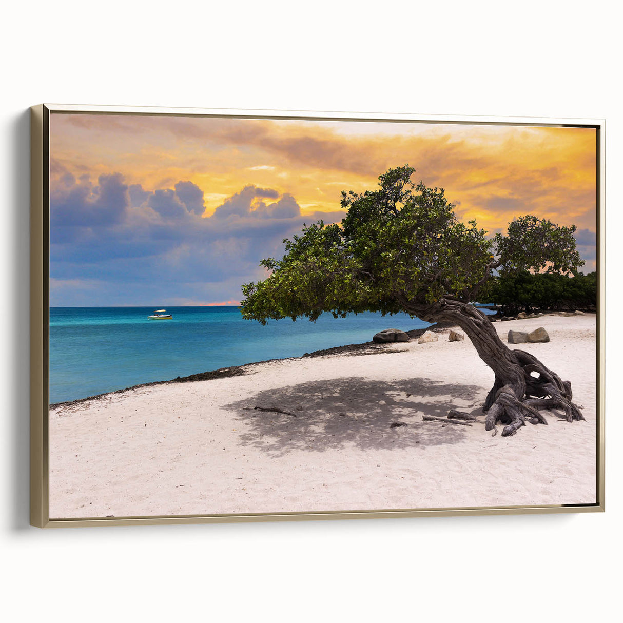 Framed canvas featuring a vintage-style landscape painting of Aruba with gold accents, ideal for bedroom wall decor.