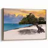 Framed canvas featuring a vintage-style landscape painting of Aruba with gold accents, ideal for bedroom wall decor.