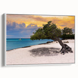 Vintage poster art of a Caribbean Aruba scenery on a framed canvas, featuring vibrant colors, ideal for living room decor.
