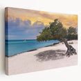 Large art depicting a serene Caribbean beach scene in soft blue and sandy tones on a stretched canvas.