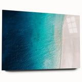 Large abstract wall art of Caribbean scenery in blue and green tones on acrylic glass.