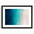 Extra large abstract art print of a Caribbean scenery in vibrant colors on textured canvas, framed in black.
