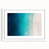 Framed abstract Caribbean scenery in textured art style with vibrant blue and green hues, ideal for bedroom art.