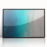 Large abstract wall art featuring Caribbean scenery in a mid-century modernist style, framed in black acrylic.