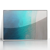 Mid-century modernist art depicting a serene Caribbean beach scene in pastel hues.