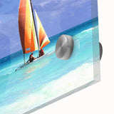 Large abstract wall art depicting Caribbean scenery in vibrant blue and green hues on acrylic glass.