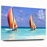 Large abstract wall art of a Caribbean seascape in vibrant blue tones on acrylic glass.