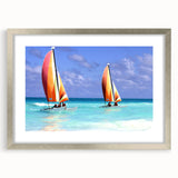 Extra large abstract art print depicting a textured Caribbean seascape in vibrant blue tones, framed in silver.