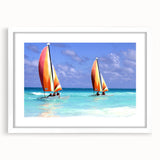 Textured art print of an abstract Caribbean seascape in blue and green tones on a white framed mat.