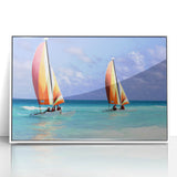 Mid-century modernist art featuring a Caribbean Barbados scenery in an acrylic framed white poster.