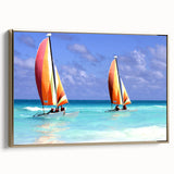 Vintage poster art of a Caribbean Barbados scenery on a framed canvas, featuring vibrant colors and gold accents.
