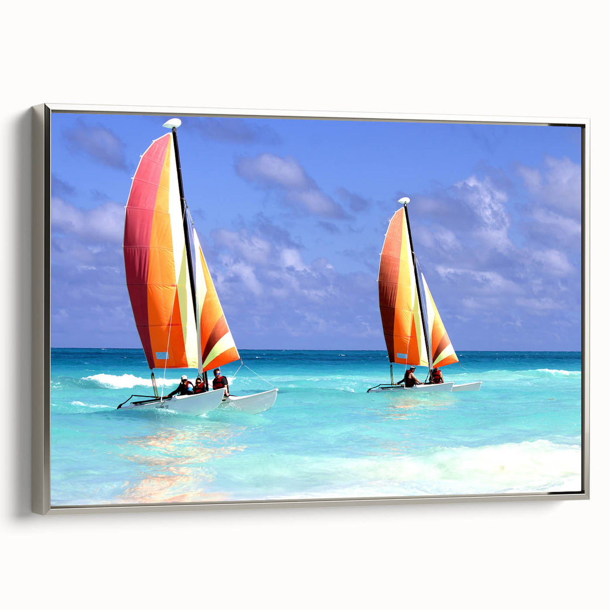 Framed canvas featuring a vintage-style landscape painting of a Barbadian coast in muted blues and greens.