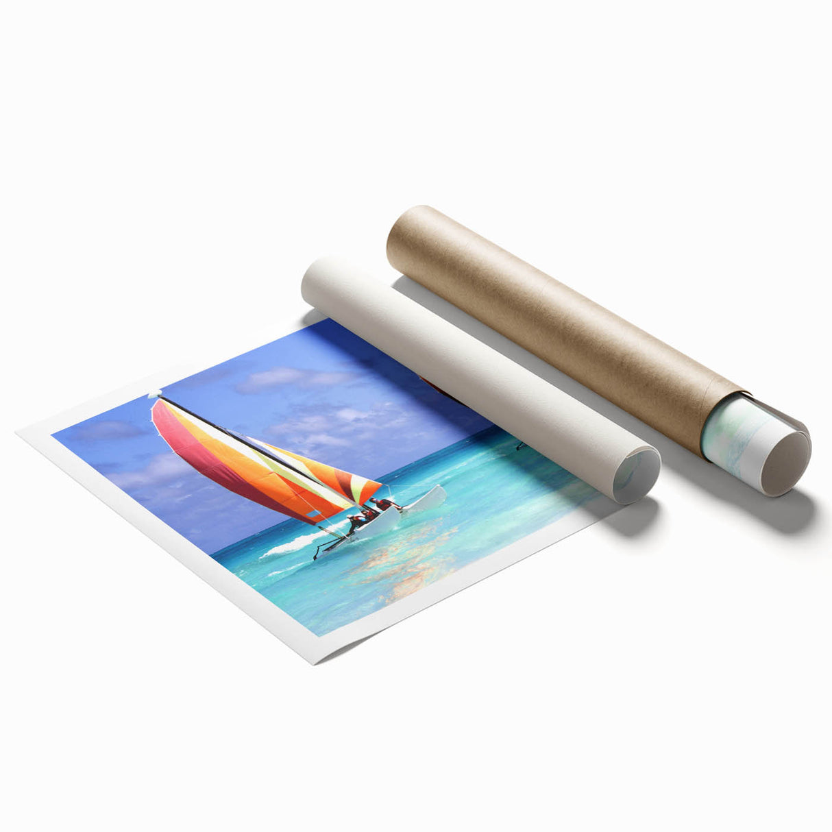 Extra large rolled print of a Caribbean Barbados scenery with vibrant floral elements, ideal for classy bathroom wall art.