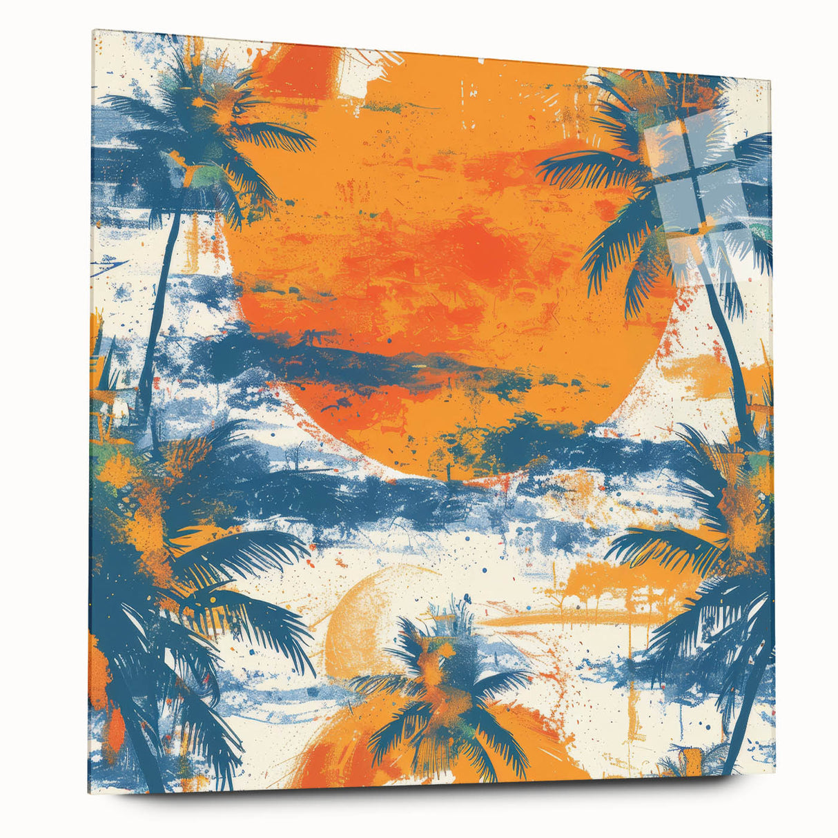 Abstract Caribbean scenery on large acrylic glass, featuring vivid blue and green tones.