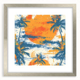 Extra large abstract art print depicting Caribbean scenery in vibrant blue and green tones, framed in silver.