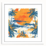 Textured abstract art print of Caribbean scenery in muted blue and green hues, framed with a white mat.