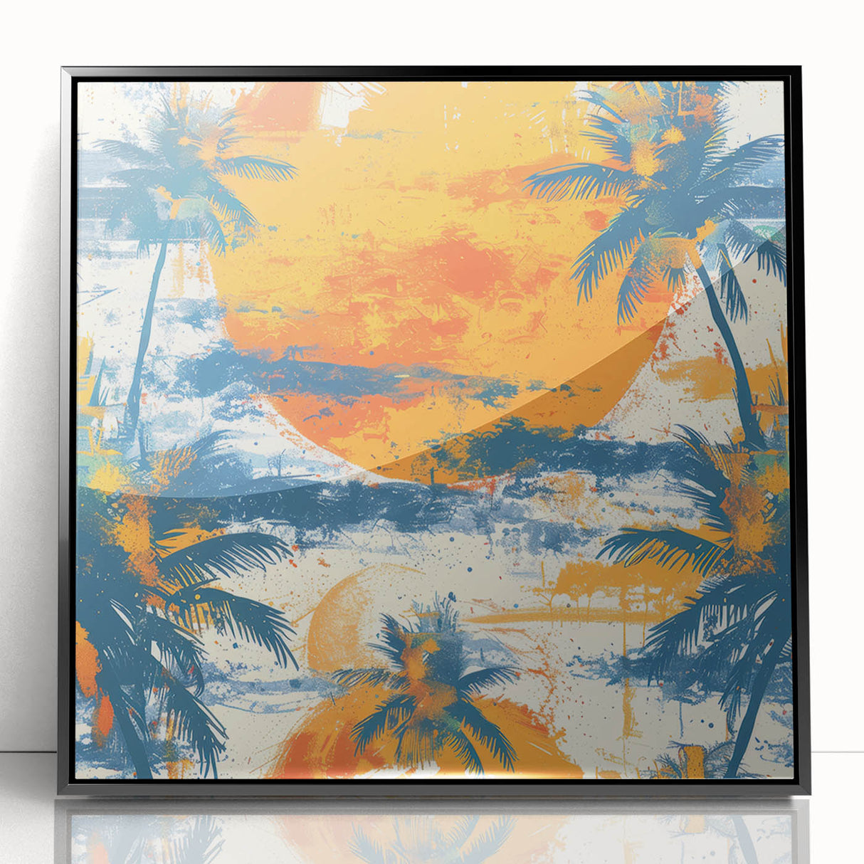 Large abstract wall art depicting Caribbean scenery in vibrant blues and greens on a framed acrylic print.