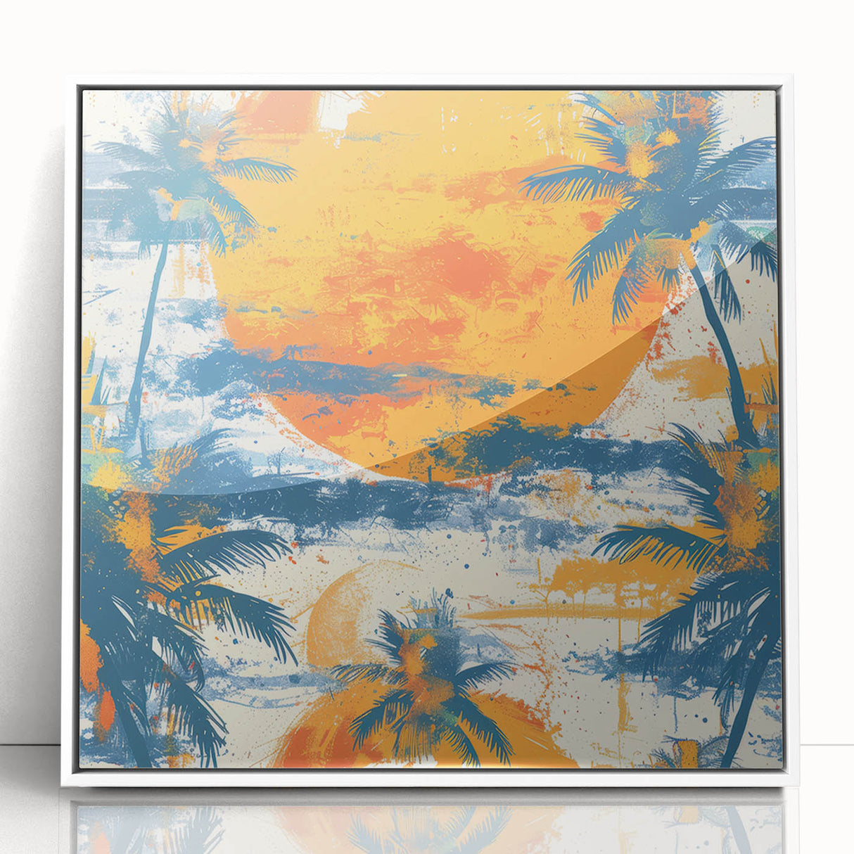 Mid-century modernist art depicting the Caribbean scenery in vibrant blue and green tones on a white framed acrylic.