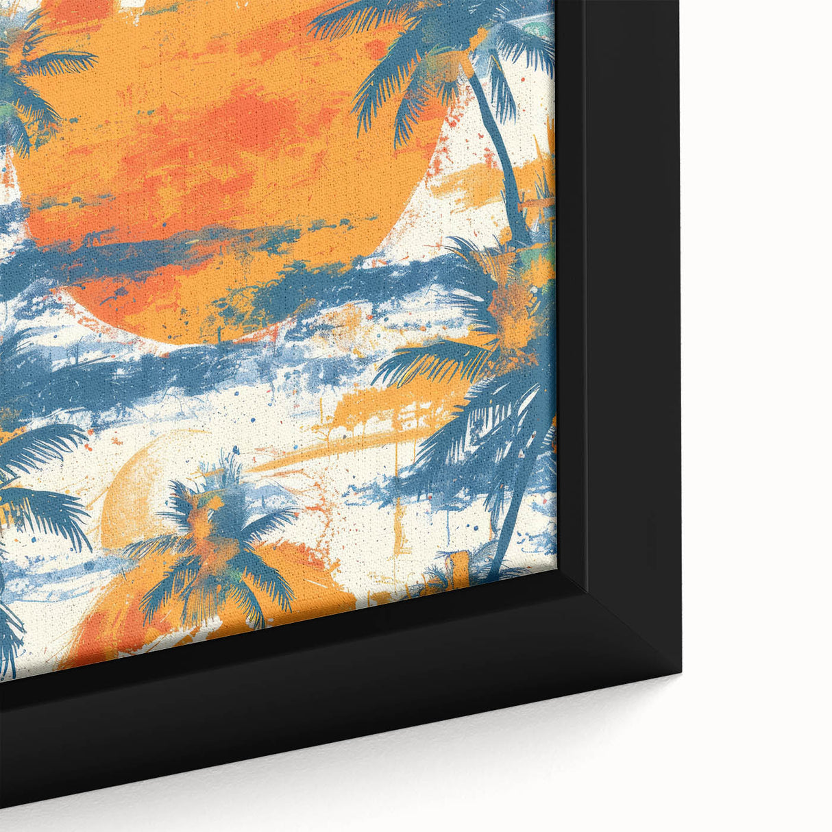 Close-up of extra large black wall art on canvas featuring a vibrant Caribbean scenery, ideal for living room decor.