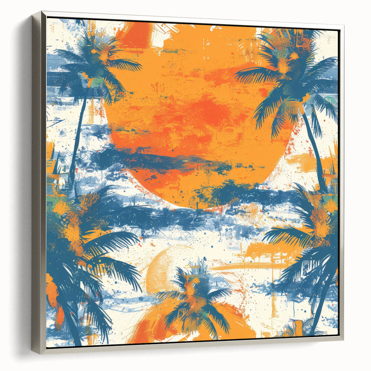 Framed canvas featuring a vintage landscape painting of Bermuda with vibrant blue and green tones.