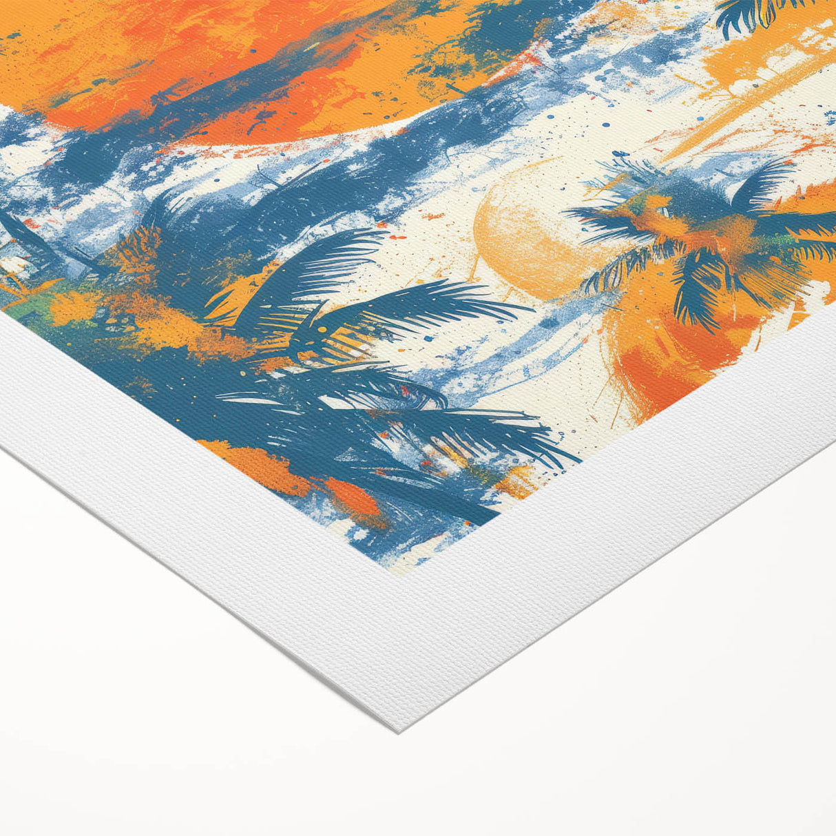 Art deco poster of a Caribbean Bermuda scenery in muted turquoise and pink hues on rolled canvas.