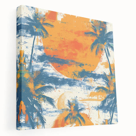 Caribbean beach scene on stretched canvas, featuring vibrant blue and aqua tones, ideal for kitchen wall art.