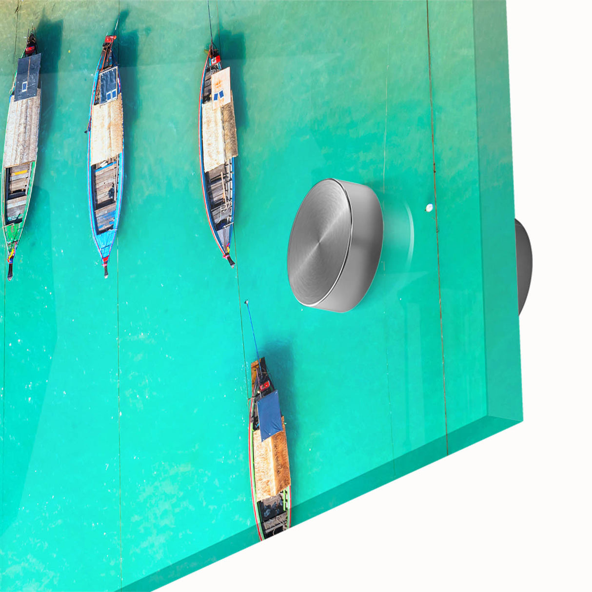 Large abstract wall art featuring Caribbean scenery in vibrant blue and green tones on acrylic glass.